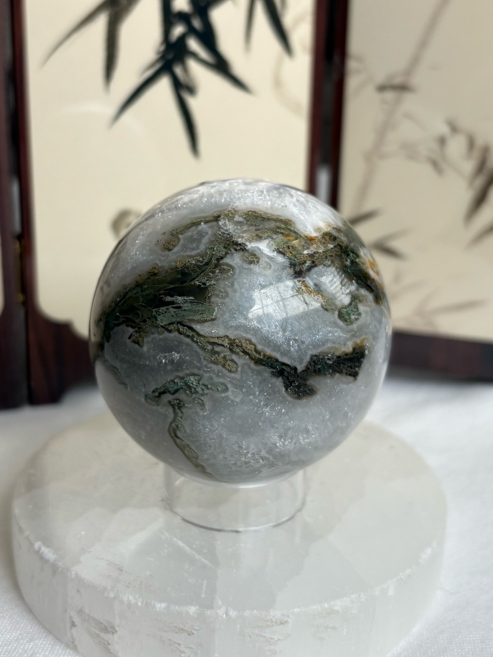 Unique Moss agate quartz and calcite sphere